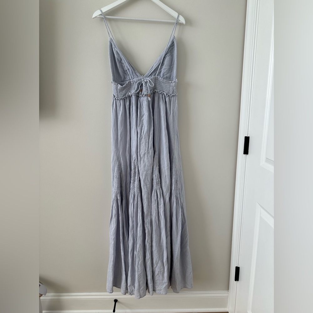 Free People Heat Haze Maxi Dress Triangle Top Smocked Long Cotton Linen Blue L - Picture 6 of 17